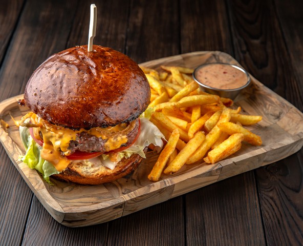 Beef burger on homemade brioche bun