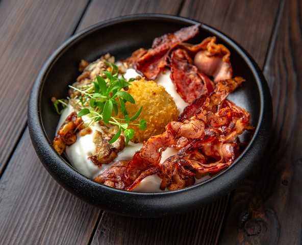 Crispy bacon with Parmesan foam and Dor Blue cheese croquettes