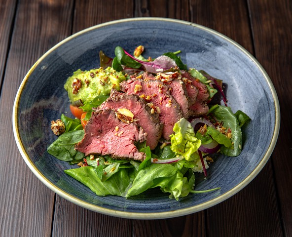 Steak salad with avocado, ricotta and cherry tomatoes