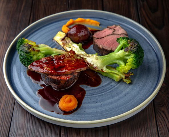 Mosaic of veal and duck filet with confit root vegetables